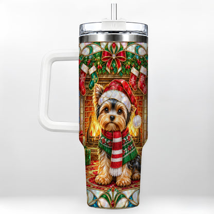 Yorkie Christmas 40oz Tumbler with Handle, Stained Glass Style Dog