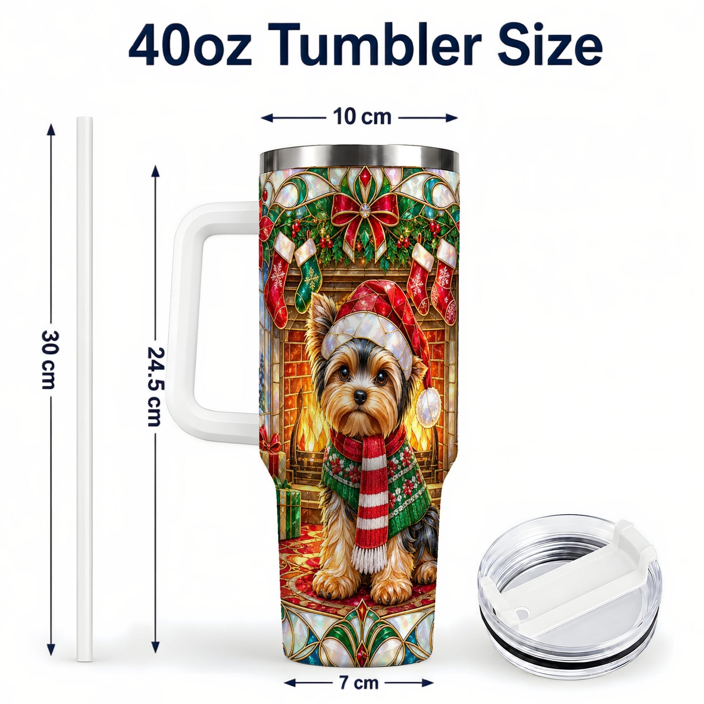 #pl[40oz|White] Yorkie Christmas 40oz Tumbler with Handle, Stained Glass Style Dog