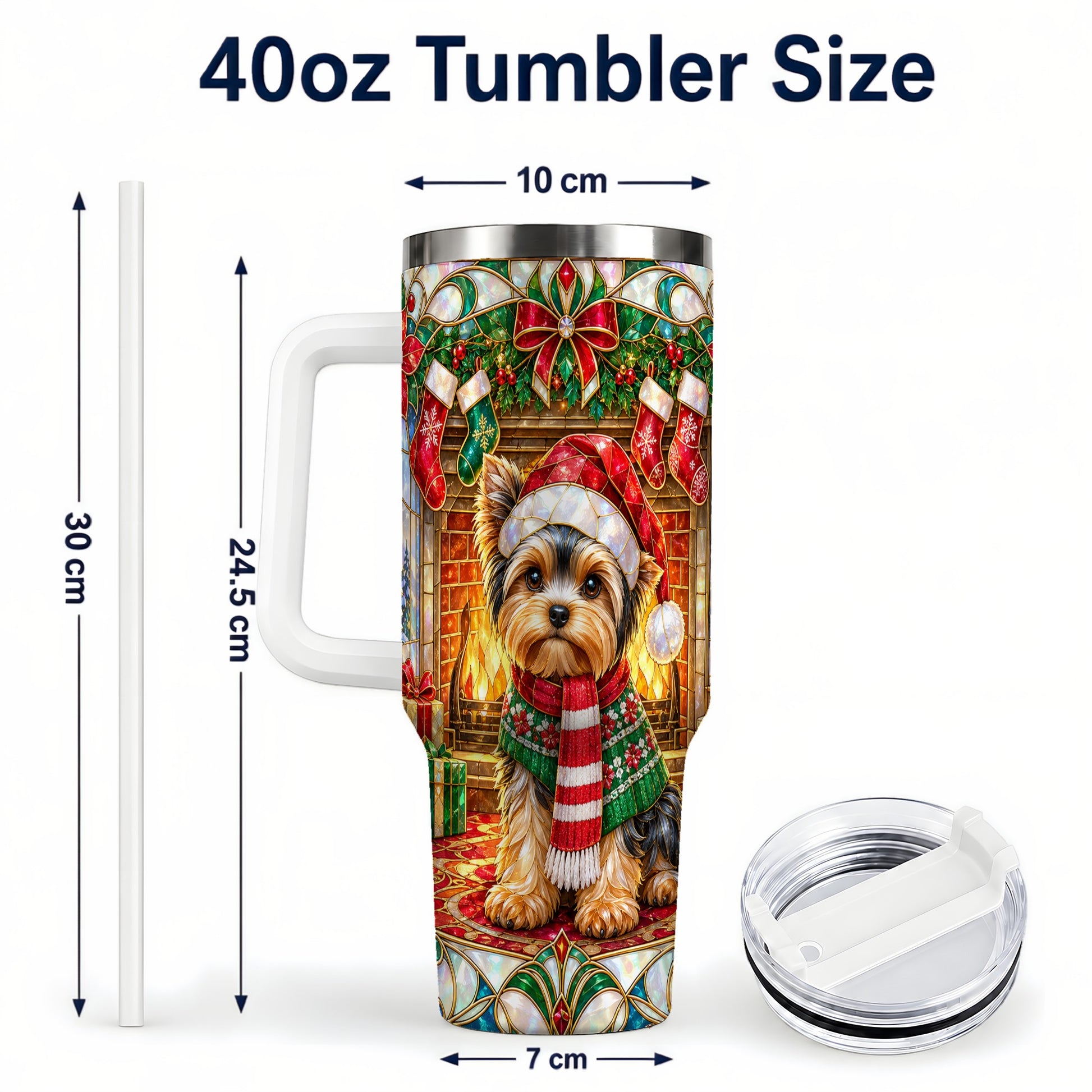 #pl[40oz|White] Yorkie Christmas 40oz Tumbler with Handle, Stained Glass Style Dog