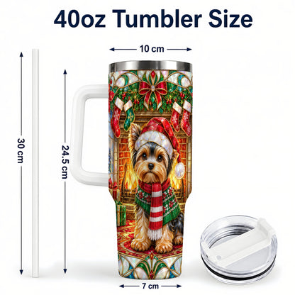 #pl[40oz|White] Yorkie Christmas 40oz Tumbler with Handle, Stained Glass Style Dog
