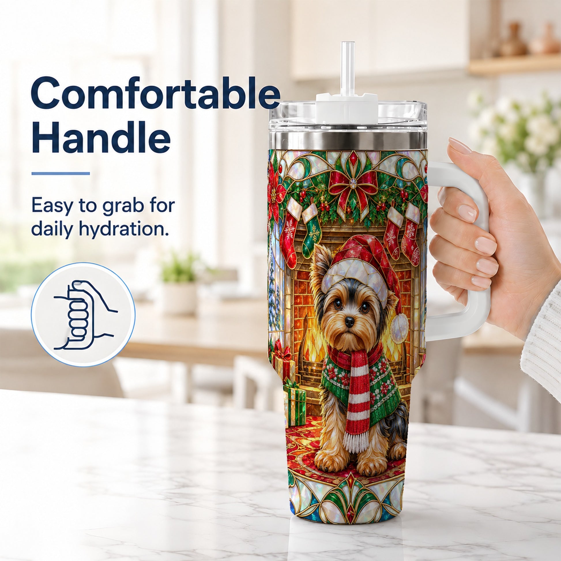 #pl[40oz|White] Yorkie Christmas 40oz Tumbler with Handle, Stained Glass Style Dog