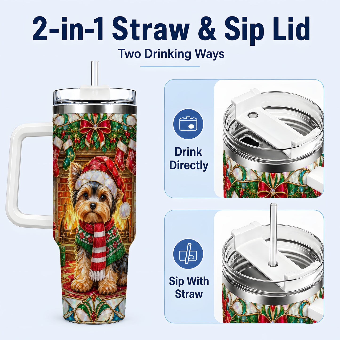 #pl[40oz|White] Yorkie Christmas 40oz Tumbler with Handle, Stained Glass Style Dog