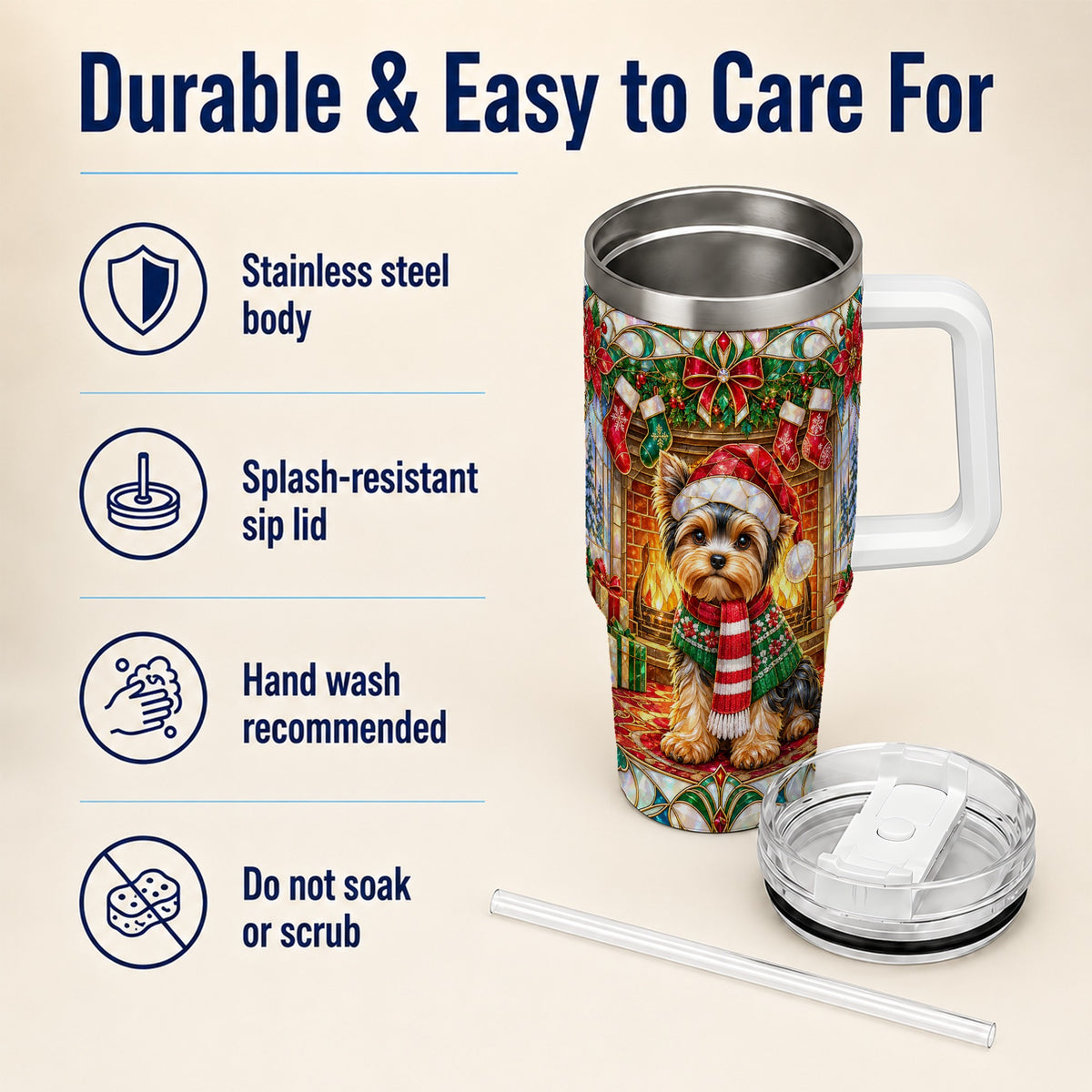 #pl[40oz|White] Yorkie Christmas 40oz Tumbler with Handle, Stained Glass Style Dog