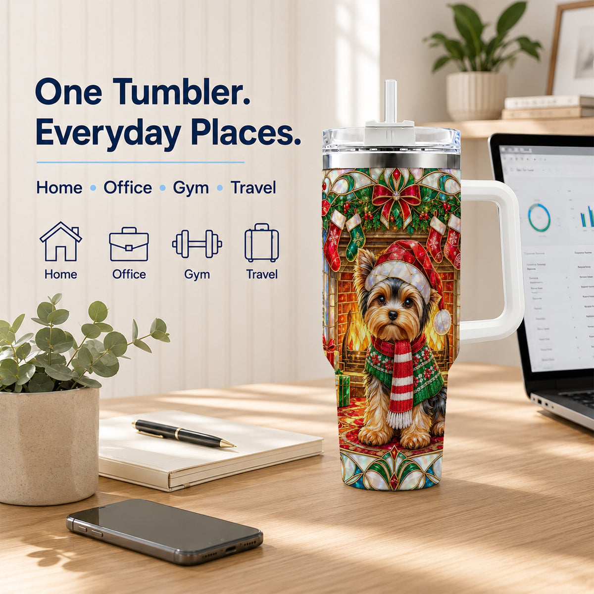 #pl[40oz|White] Yorkie Christmas 40oz Tumbler with Handle, Stained Glass Style Dog
