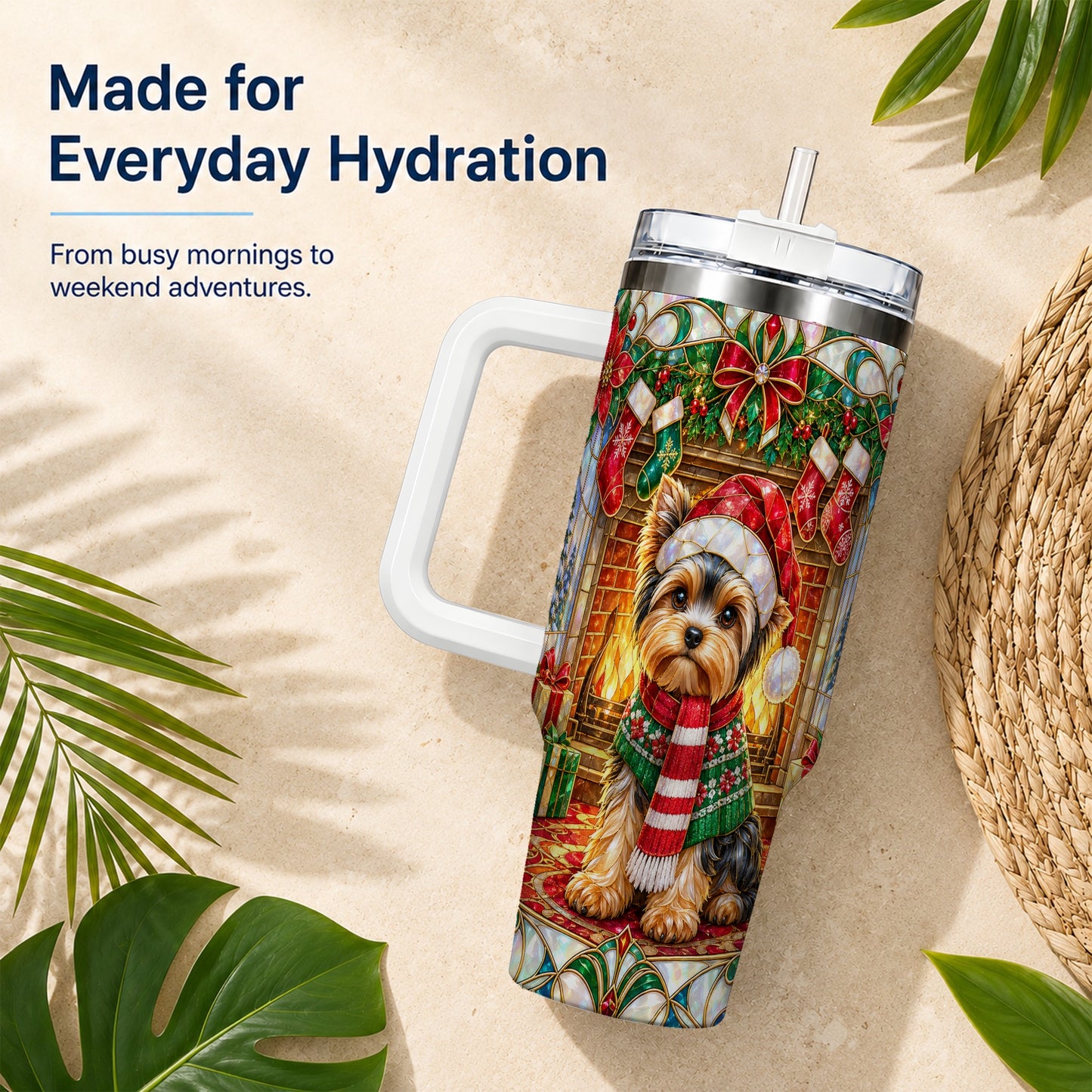 #pl[40oz|White] Yorkie Christmas 40oz Tumbler with Handle, Stained Glass Style Dog