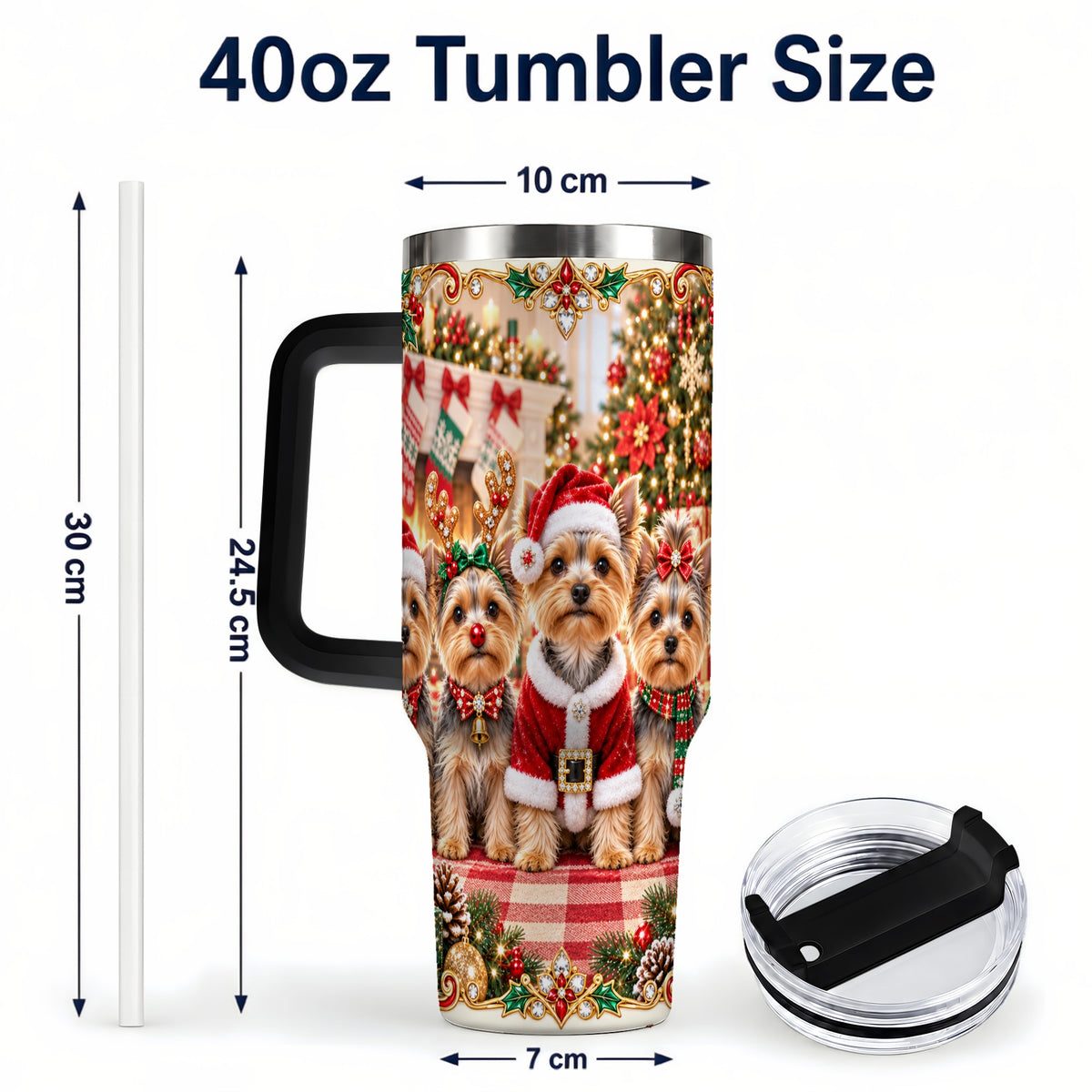 #pl[40oz|Black] Yorkie Family 40oz Tumbler with Handle, Christmas Dog Travel Cup