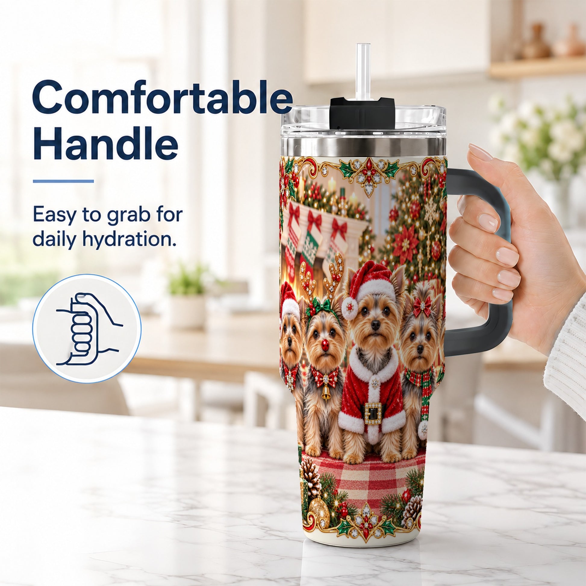 #pl[40oz|Black] Yorkie Family 40oz Tumbler with Handle, Christmas Dog Travel Cup