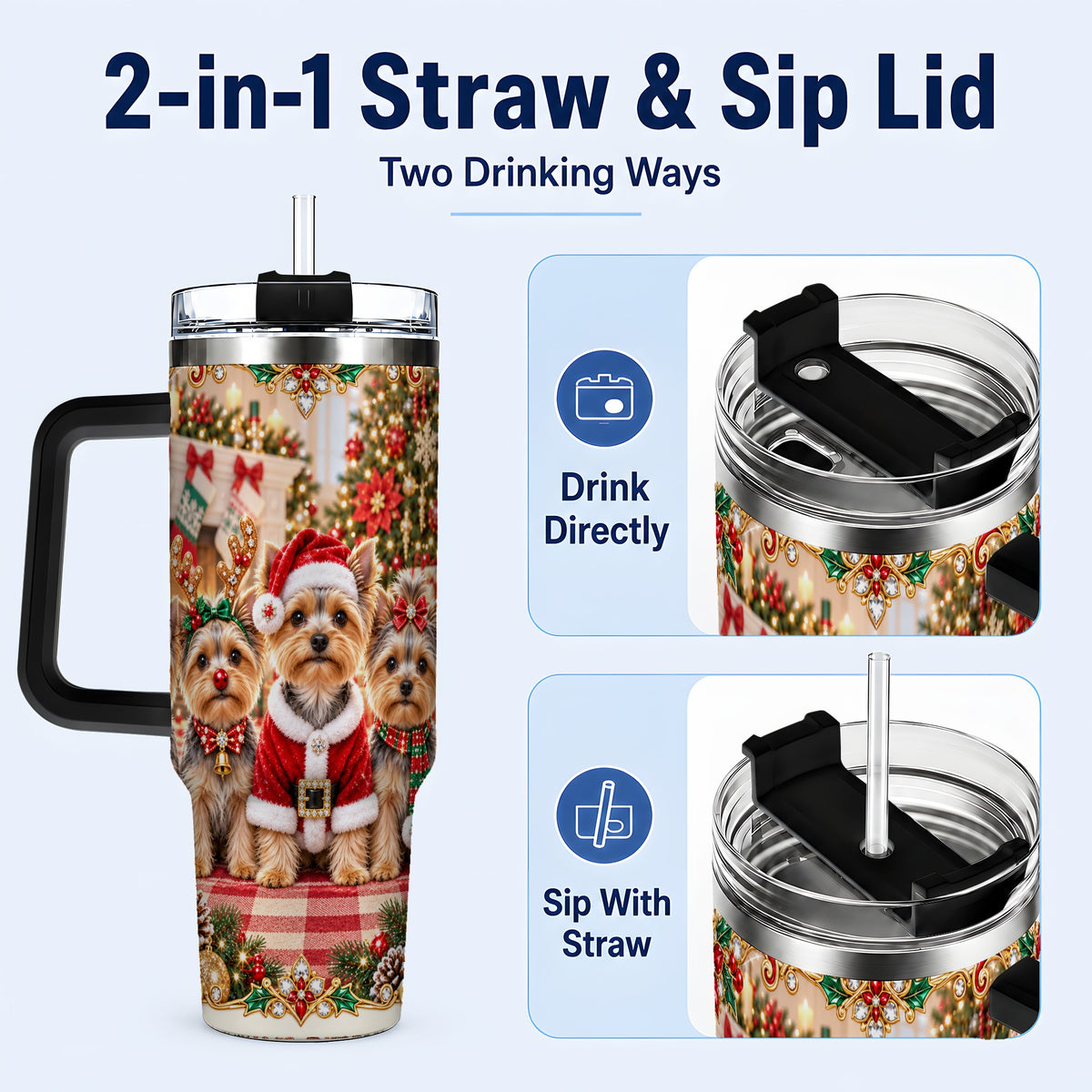 #pl[40oz|Black] Yorkie Family 40oz Tumbler with Handle, Christmas Dog Travel Cup