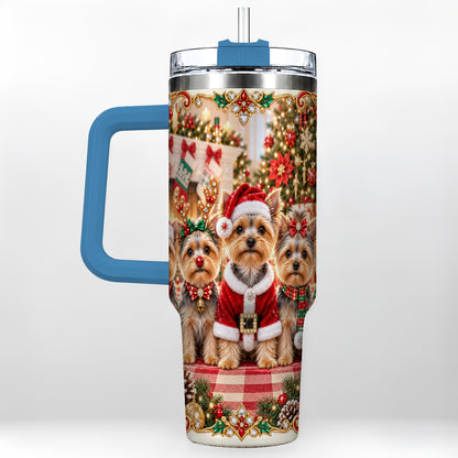 #pl[40oz|Blue] Yorkie Family 40oz Tumbler with Handle, Christmas Dog Travel Cup