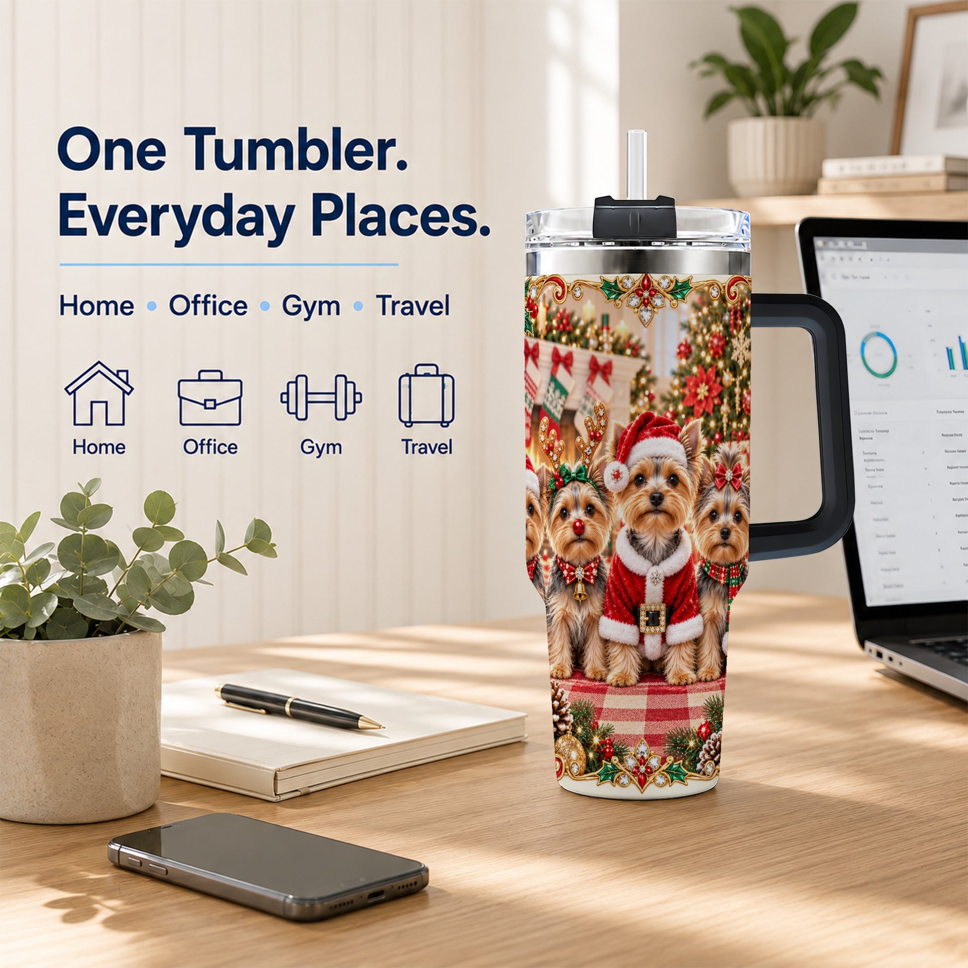 #pl[40oz|Black] Yorkie Family 40oz Tumbler with Handle, Christmas Dog Travel Cup