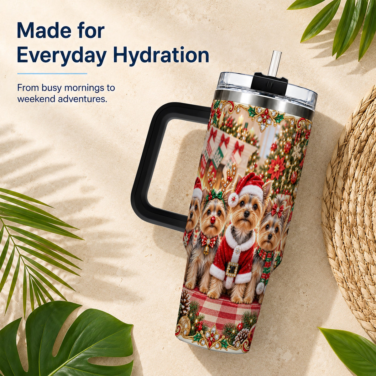 #pl[40oz|Black] Yorkie Family 40oz Tumbler with Handle, Christmas Dog Travel Cup