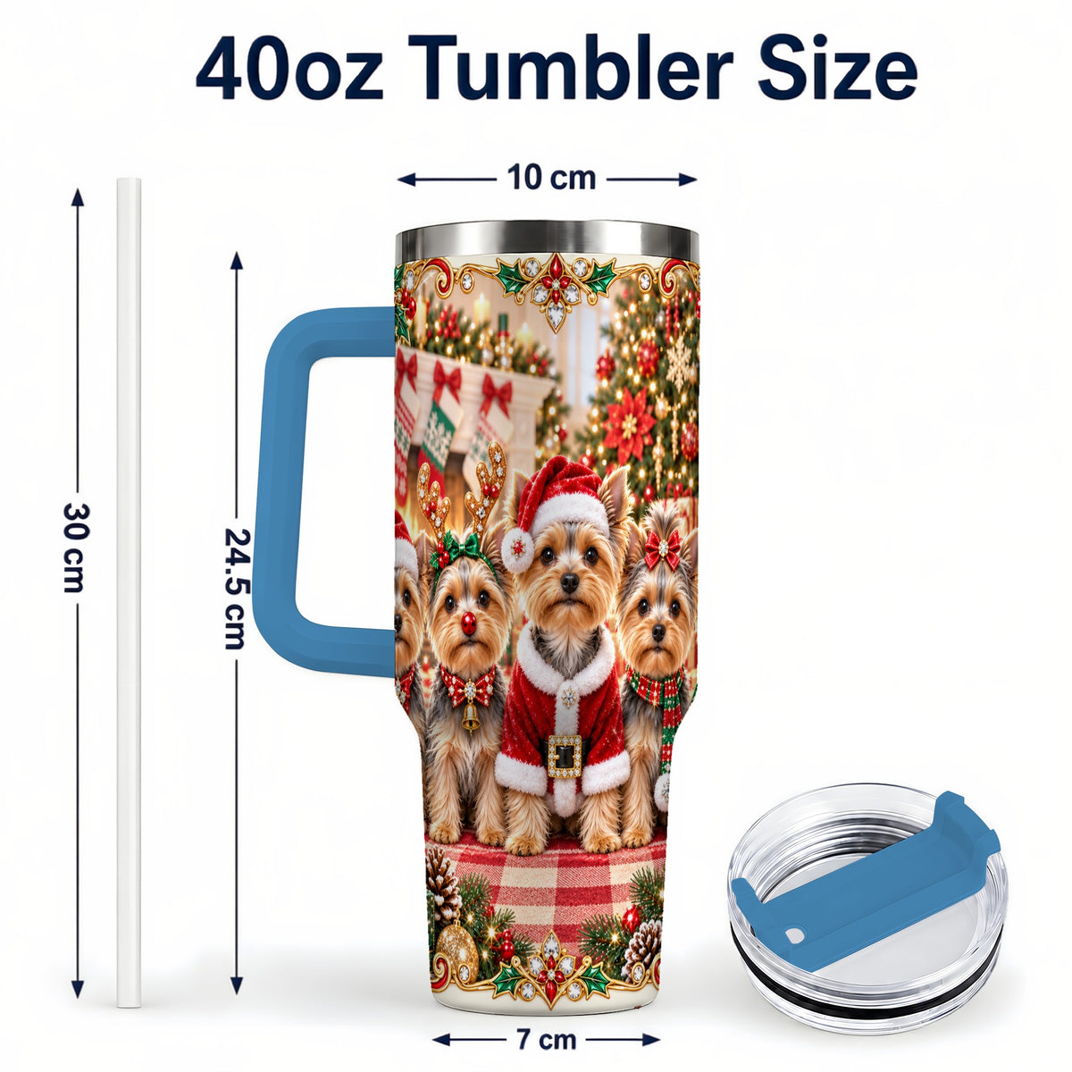 #pl[40oz|Blue] Yorkie Family 40oz Tumbler with Handle, Christmas Dog Travel Cup