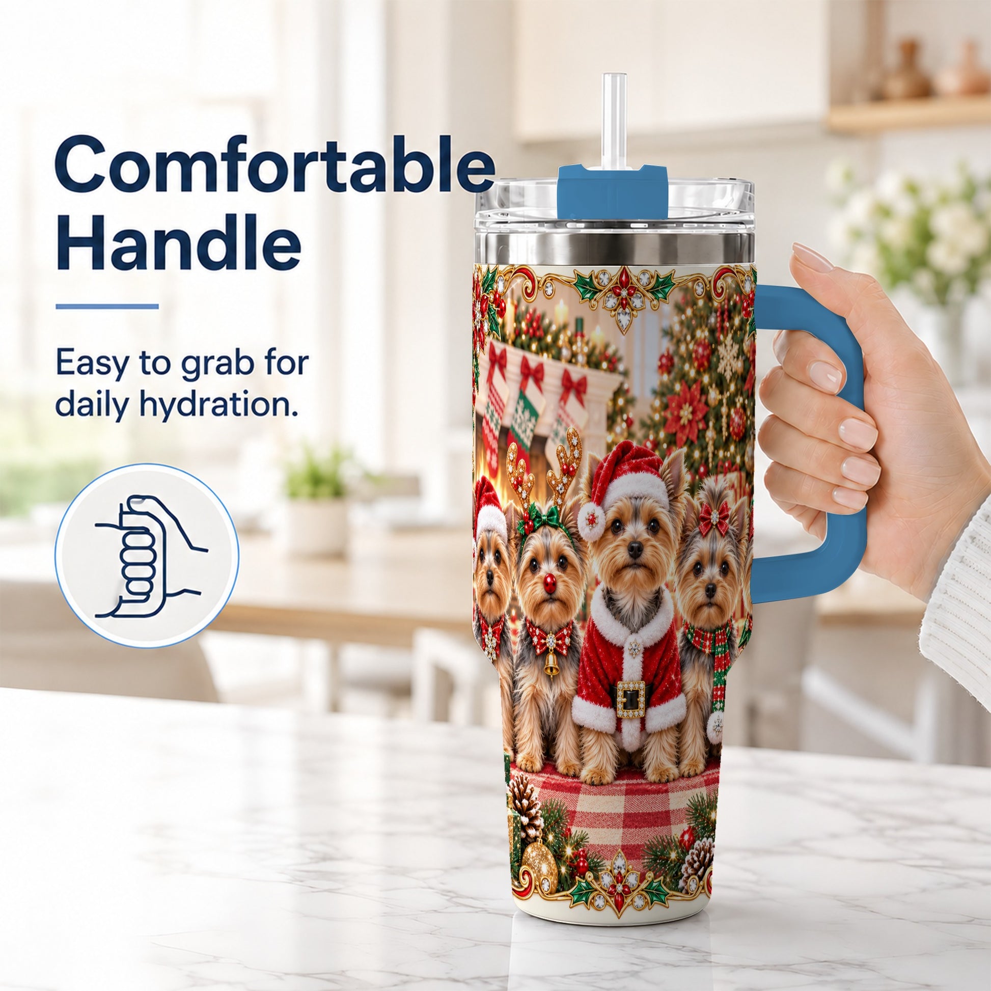 #pl[40oz|Blue] Yorkie Family 40oz Tumbler with Handle, Christmas Dog Travel Cup