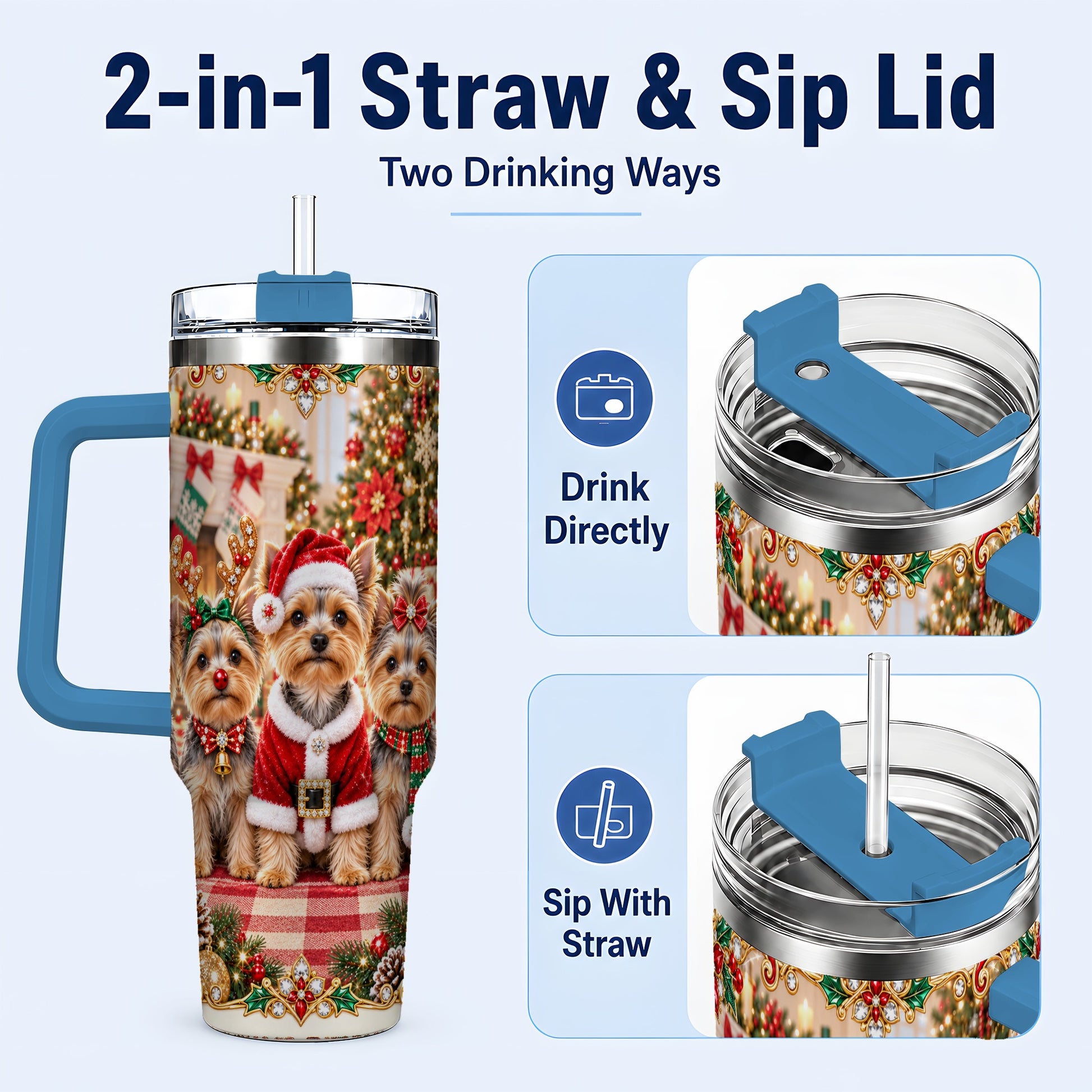 #pl[40oz|Blue] Yorkie Family 40oz Tumbler with Handle, Christmas Dog Travel Cup