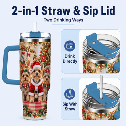 #pl[40oz|Blue] Yorkie Family 40oz Tumbler with Handle, Christmas Dog Travel Cup