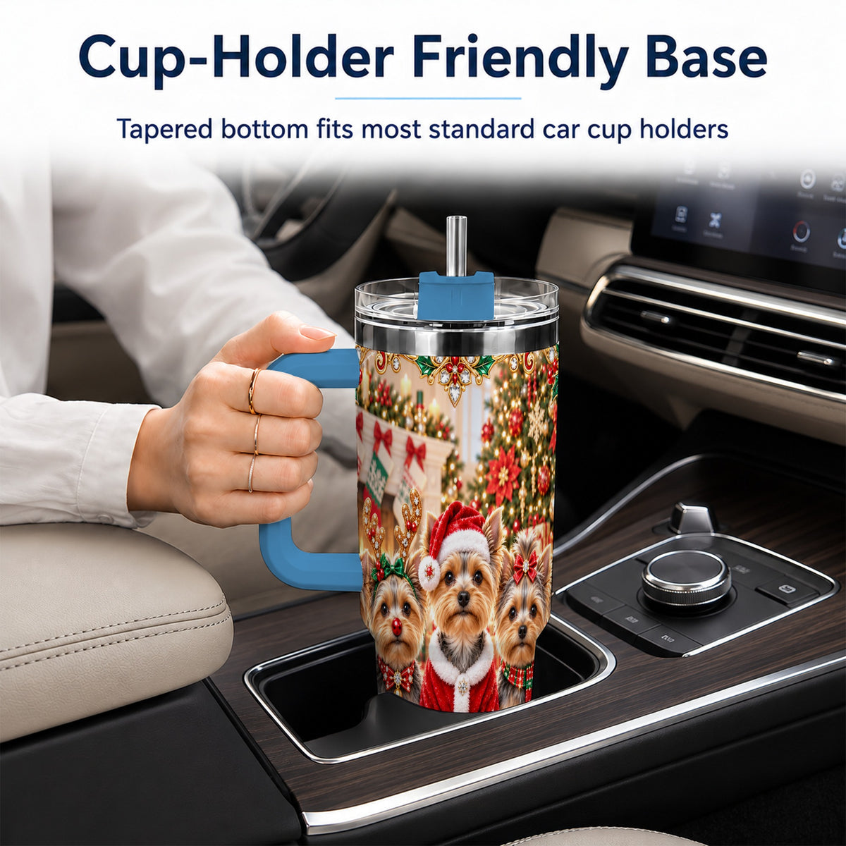 #pl[40oz|Blue] Yorkie Family 40oz Tumbler with Handle, Christmas Dog Travel Cup
