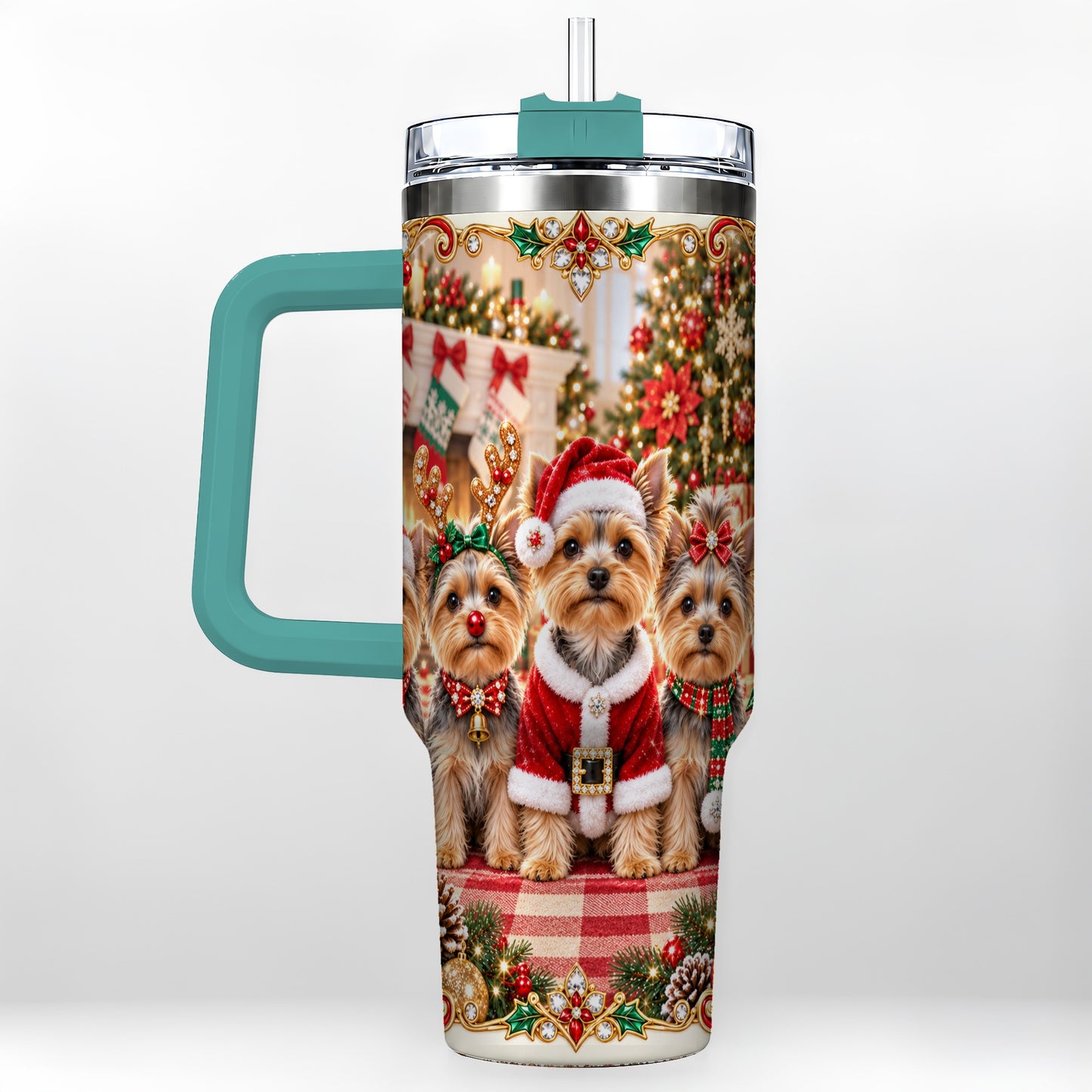 #pl[40oz|Green] Yorkie Family 40oz Tumbler with Handle, Christmas Dog Travel Cup