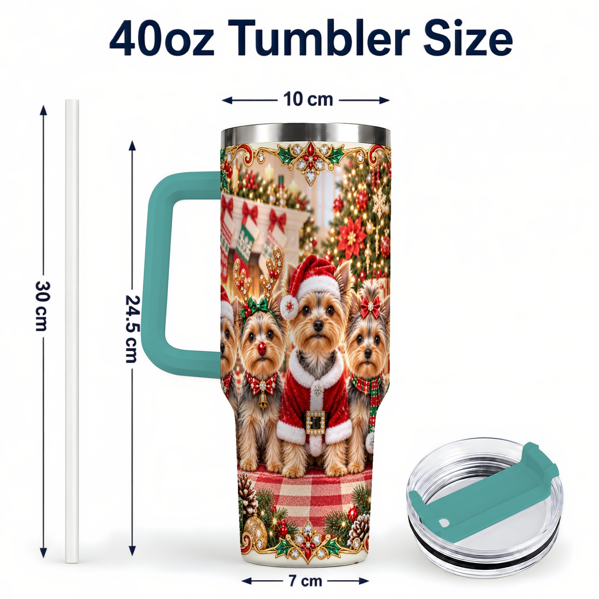 #pl[40oz|Green] Yorkie Family 40oz Tumbler with Handle, Christmas Dog Travel Cup