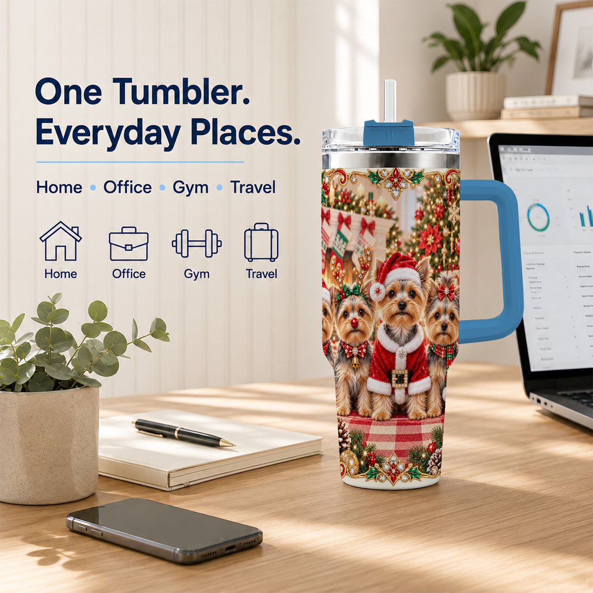#pl[40oz|Blue] Yorkie Family 40oz Tumbler with Handle, Christmas Dog Travel Cup