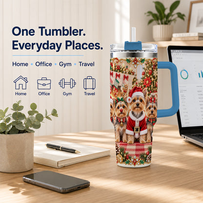 #pl[40oz|Blue] Yorkie Family 40oz Tumbler with Handle, Christmas Dog Travel Cup