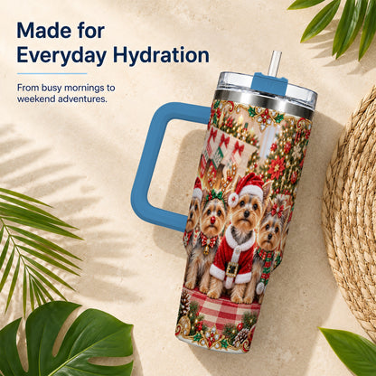 #pl[40oz|Blue] Yorkie Family 40oz Tumbler with Handle, Christmas Dog Travel Cup