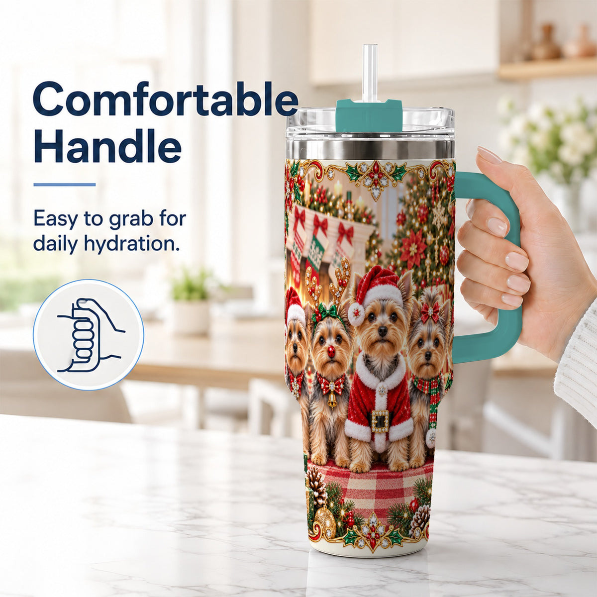 #pl[40oz|Green] Yorkie Family 40oz Tumbler with Handle, Christmas Dog Travel Cup