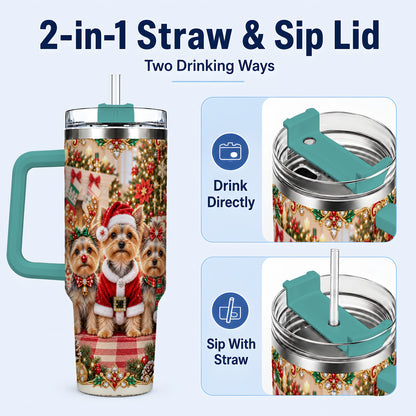 #pl[40oz|Green] Yorkie Family 40oz Tumbler with Handle, Christmas Dog Travel Cup