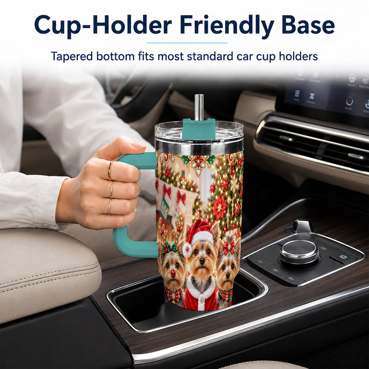 #pl[40oz|Green] Yorkie Family 40oz Tumbler with Handle, Christmas Dog Travel Cup