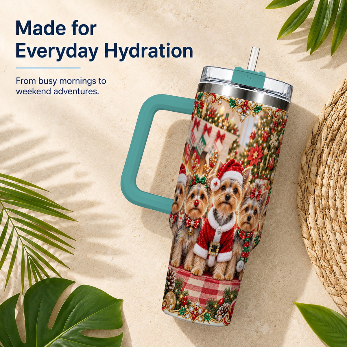 #pl[40oz|Green] Yorkie Family 40oz Tumbler with Handle, Christmas Dog Travel Cup