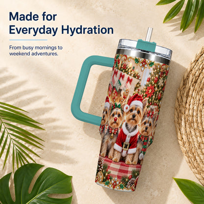 #pl[40oz|Green] Yorkie Family 40oz Tumbler with Handle, Christmas Dog Travel Cup