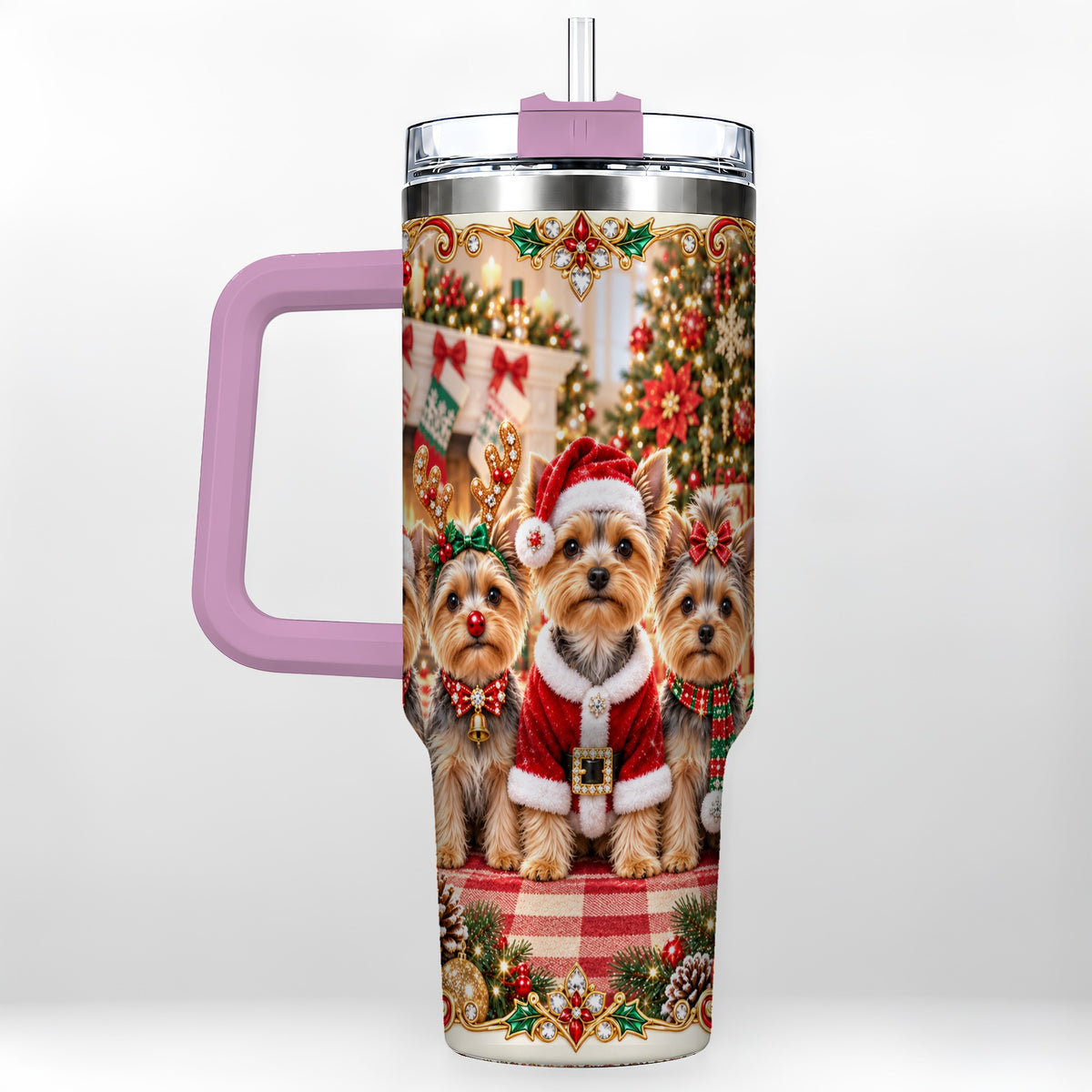 #pl[40oz|Pink] Yorkie Family 40oz Tumbler with Handle, Christmas Dog Travel Cup