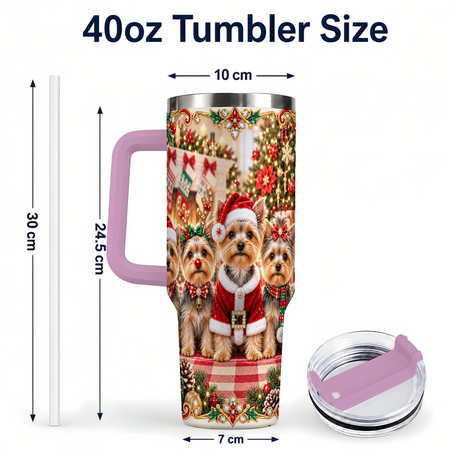 #pl[40oz|Pink] Yorkie Family 40oz Tumbler with Handle, Christmas Dog Travel Cup