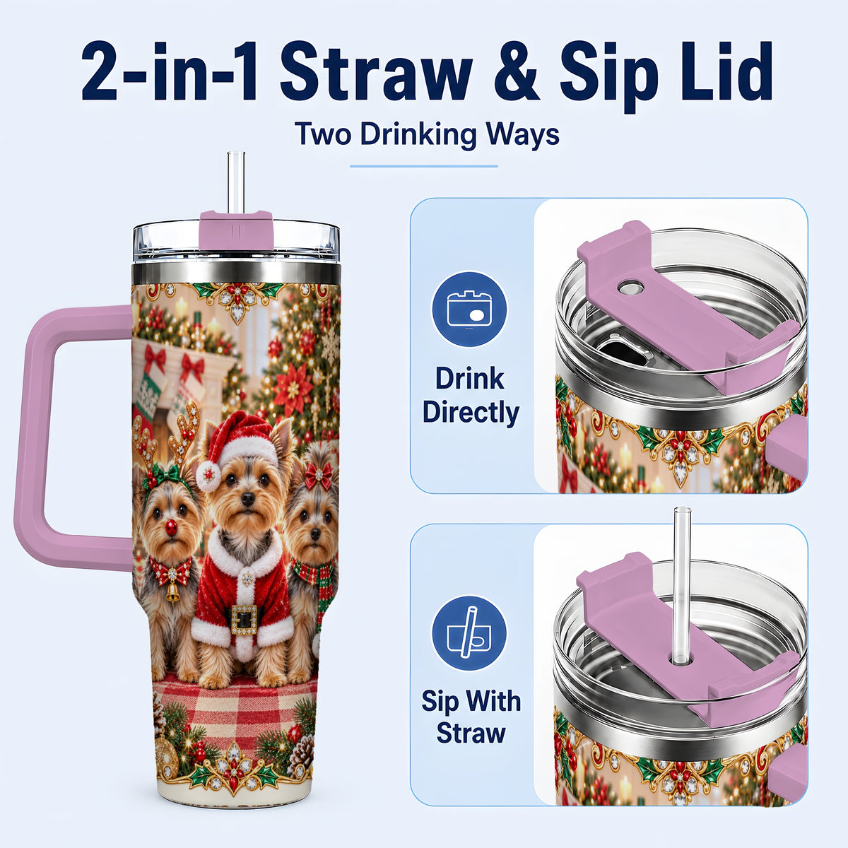 #pl[40oz|Pink] Yorkie Family 40oz Tumbler with Handle, Christmas Dog Travel Cup
