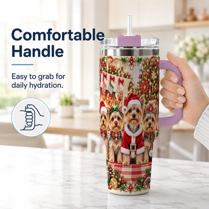 #pl[40oz|Pink] Yorkie Family 40oz Tumbler with Handle, Christmas Dog Travel Cup