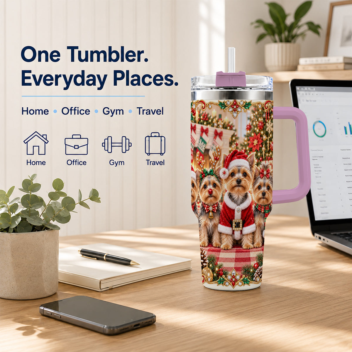 #pl[40oz|Pink] Yorkie Family 40oz Tumbler with Handle, Christmas Dog Travel Cup