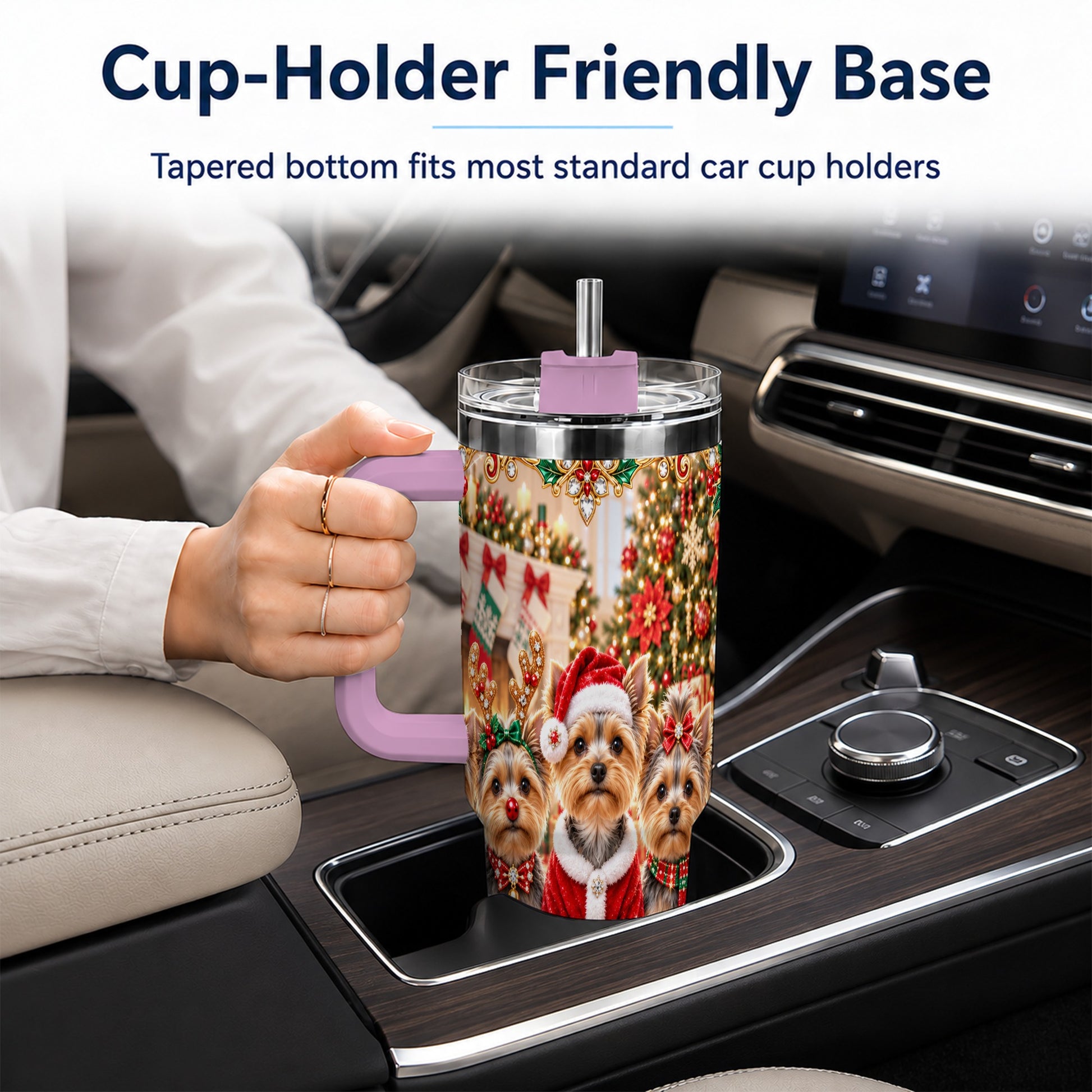 #pl[40oz|Pink] Yorkie Family 40oz Tumbler with Handle, Christmas Dog Travel Cup