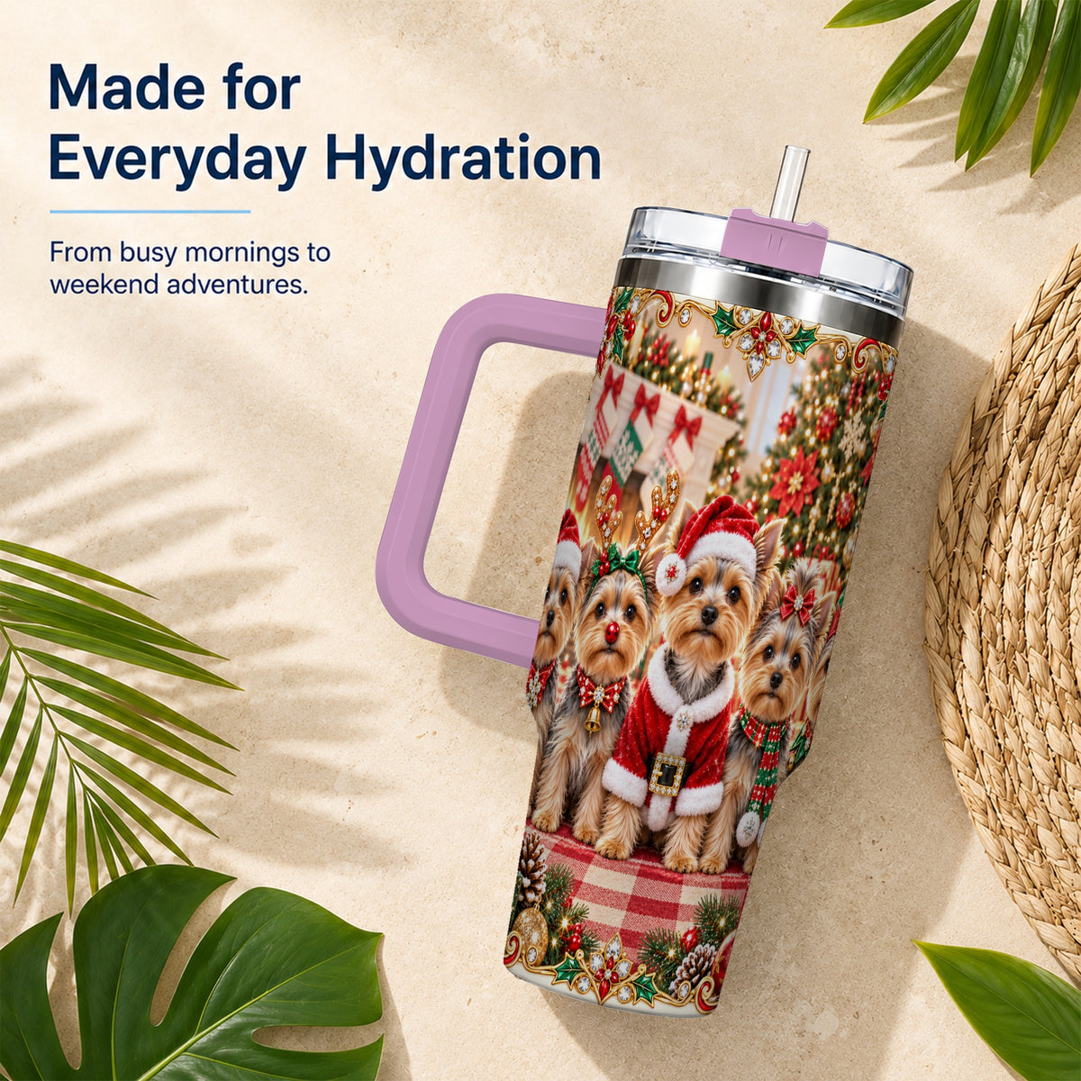 #pl[40oz|Pink] Yorkie Family 40oz Tumbler with Handle, Christmas Dog Travel Cup