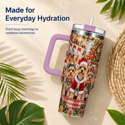 #pl[40oz|Pink] Yorkie Family 40oz Tumbler with Handle, Christmas Dog Travel Cup