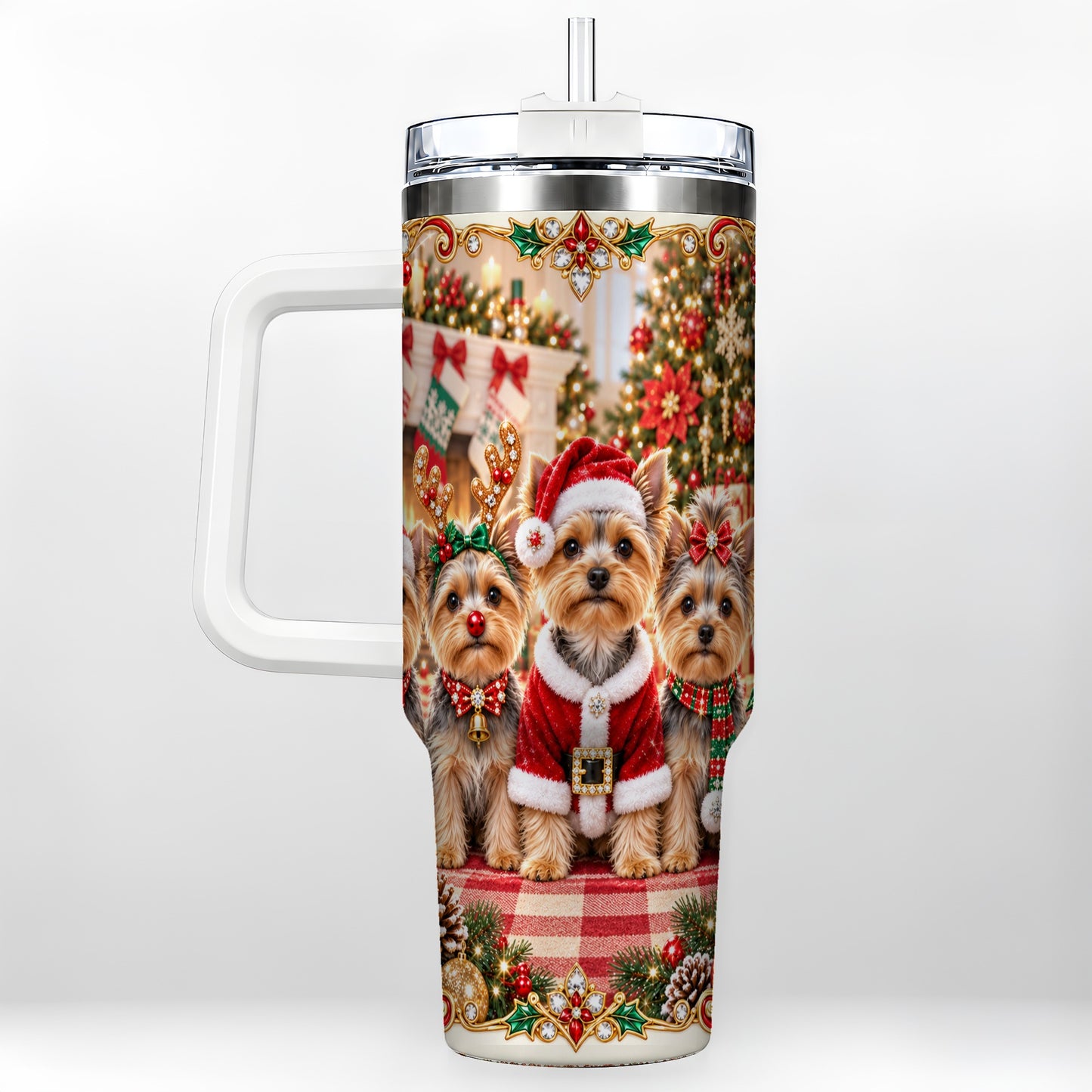 Yorkie Family 40oz Tumbler with Handle, Christmas Dog Travel Cup
