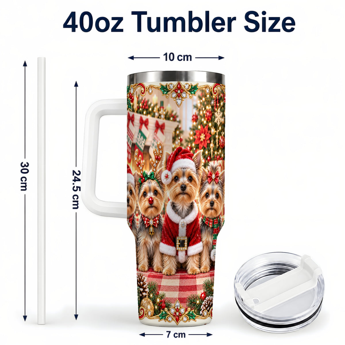 #pl[40oz|White] Yorkie Family 40oz Tumbler with Handle, Christmas Dog Travel Cup