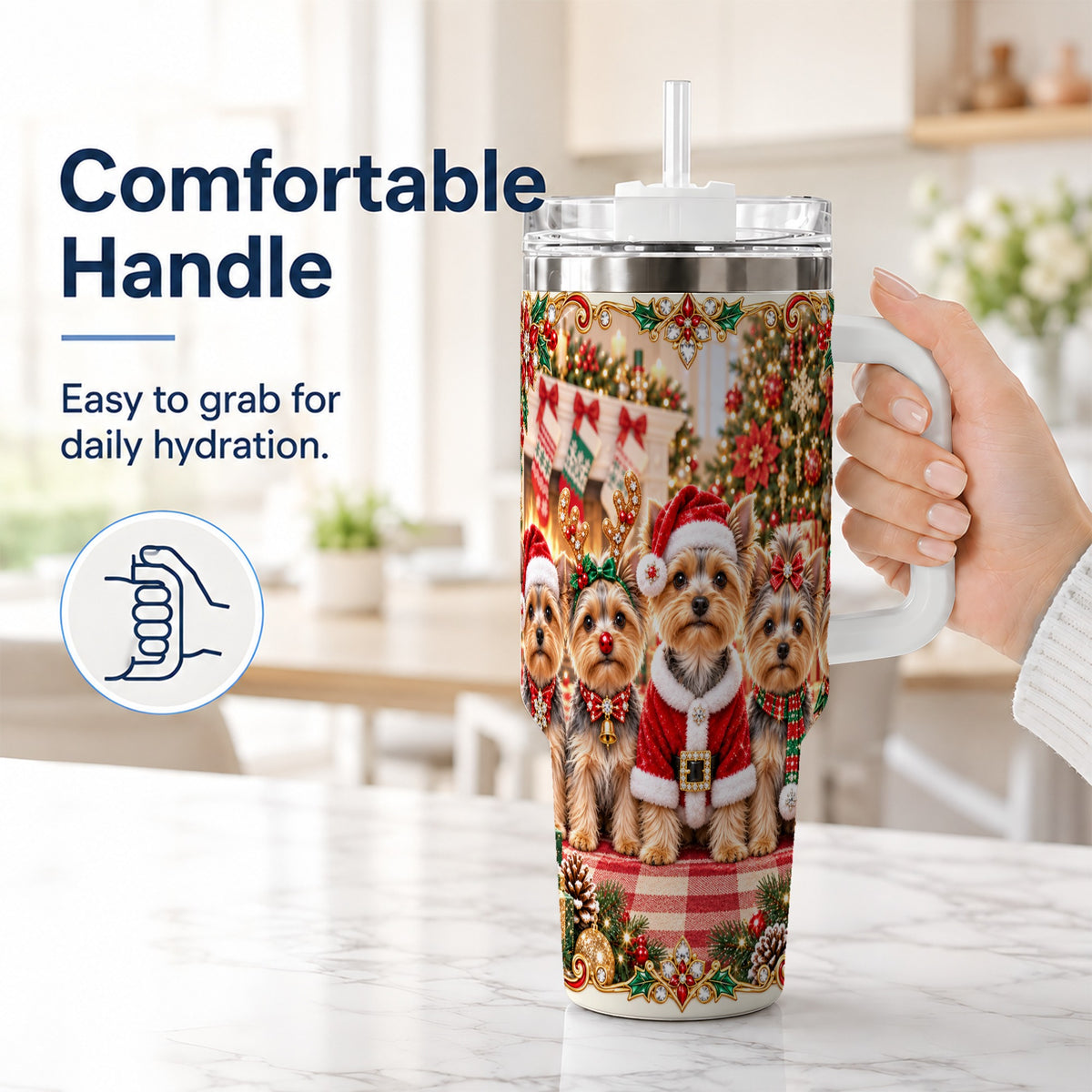 #pl[40oz|White] Yorkie Family 40oz Tumbler with Handle, Christmas Dog Travel Cup