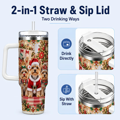 #pl[40oz|White] Yorkie Family 40oz Tumbler with Handle, Christmas Dog Travel Cup