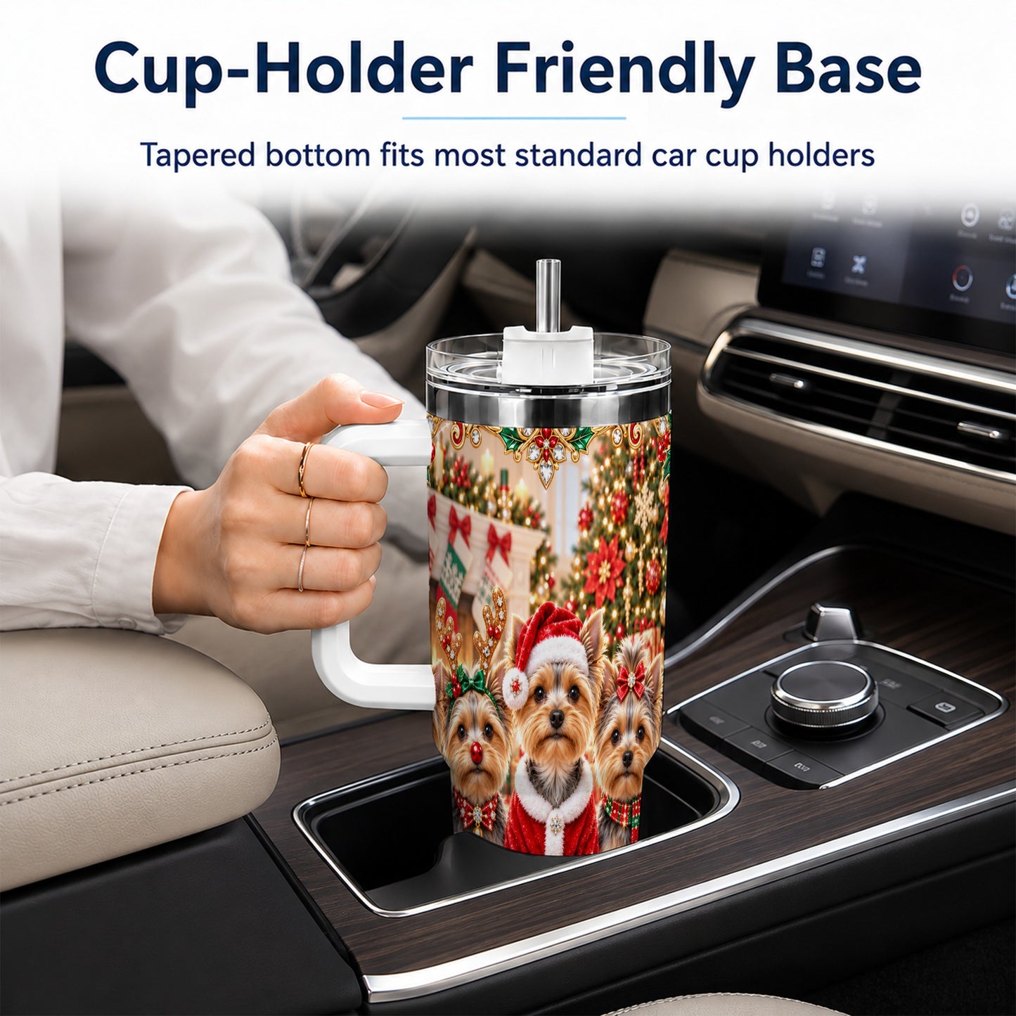 #pl[40oz|White] Yorkie Family 40oz Tumbler with Handle, Christmas Dog Travel Cup