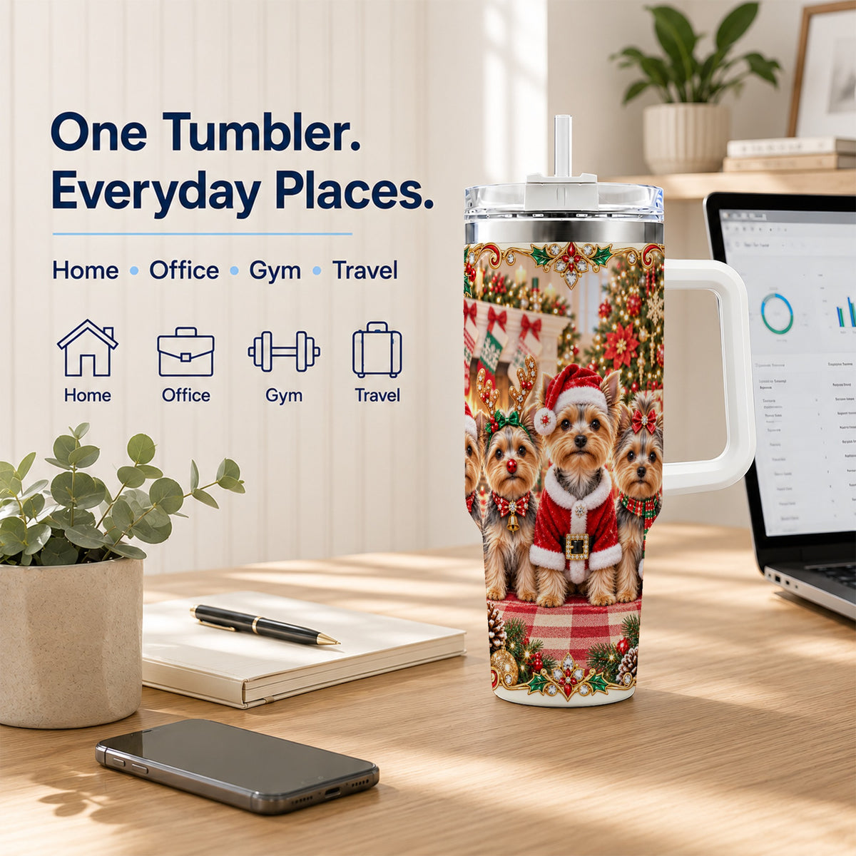 #pl[40oz|White] Yorkie Family 40oz Tumbler with Handle, Christmas Dog Travel Cup