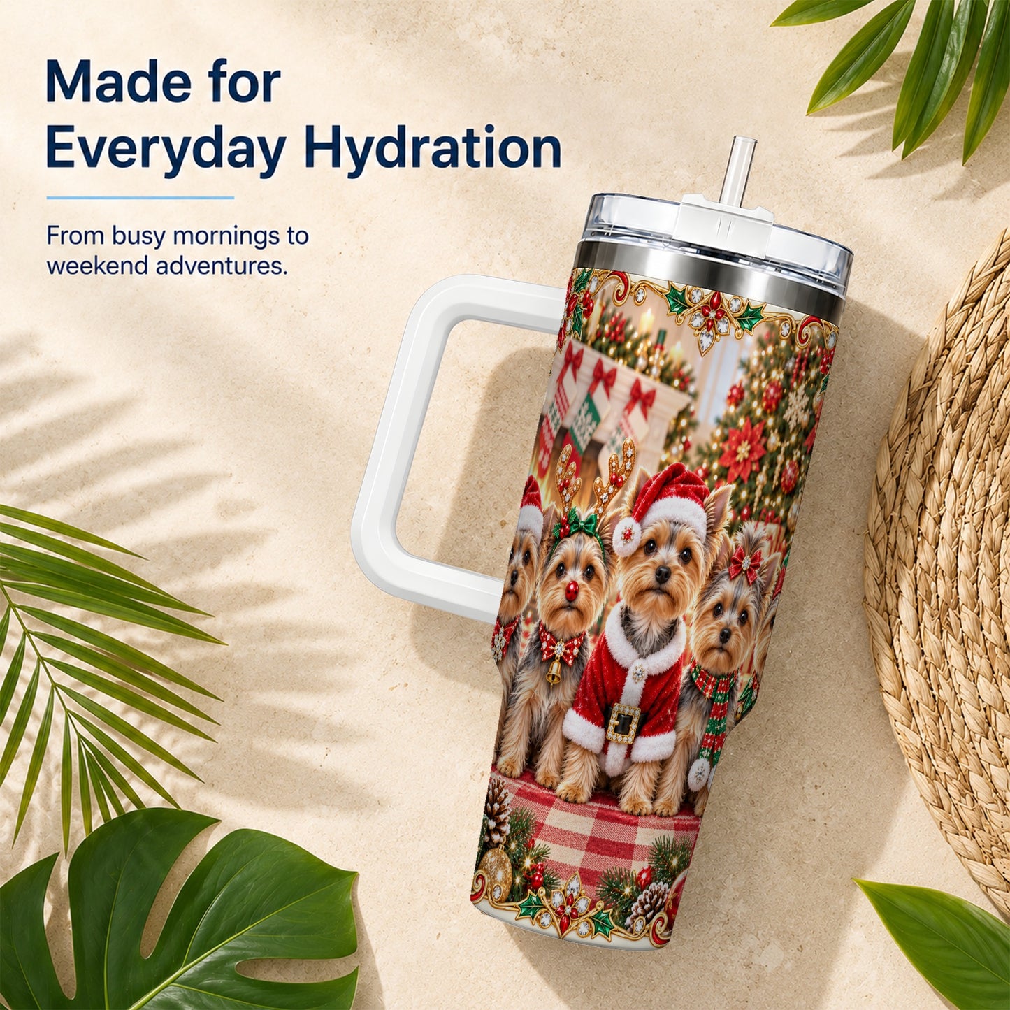 #pl[40oz|White] Yorkie Family 40oz Tumbler with Handle, Christmas Dog Travel Cup