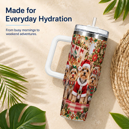 #pl[40oz|White] Yorkie Family 40oz Tumbler with Handle, Christmas Dog Travel Cup