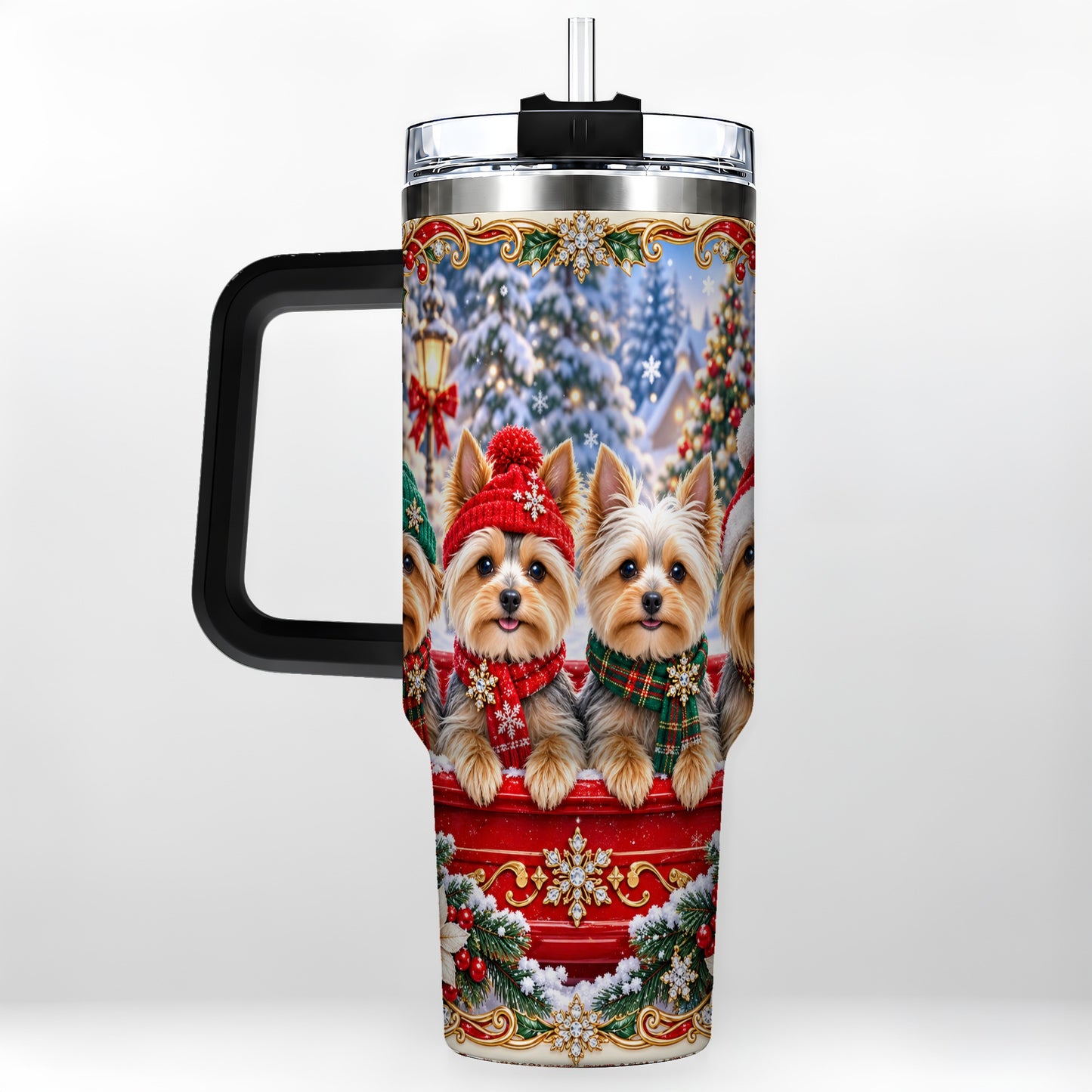 #pl[40oz|Black] Yorkie Christmas 40oz Tumbler with Handle, Snowy Dog Travel Cup