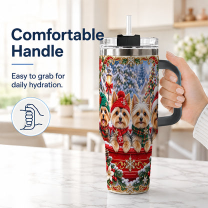 #pl[40oz|Black] Yorkie Christmas 40oz Tumbler with Handle, Snowy Dog Travel Cup