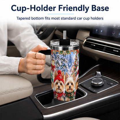 #pl[40oz|Black] Yorkie Christmas 40oz Tumbler with Handle, Snowy Dog Travel Cup