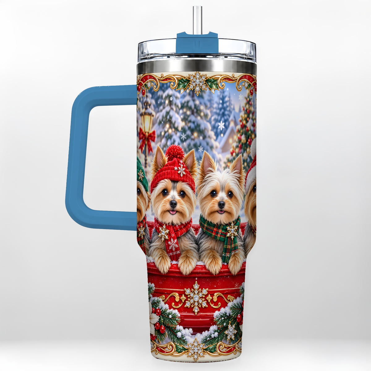 #pl[40oz|Blue] Yorkie Christmas 40oz Tumbler with Handle, Snowy Dog Travel Cup